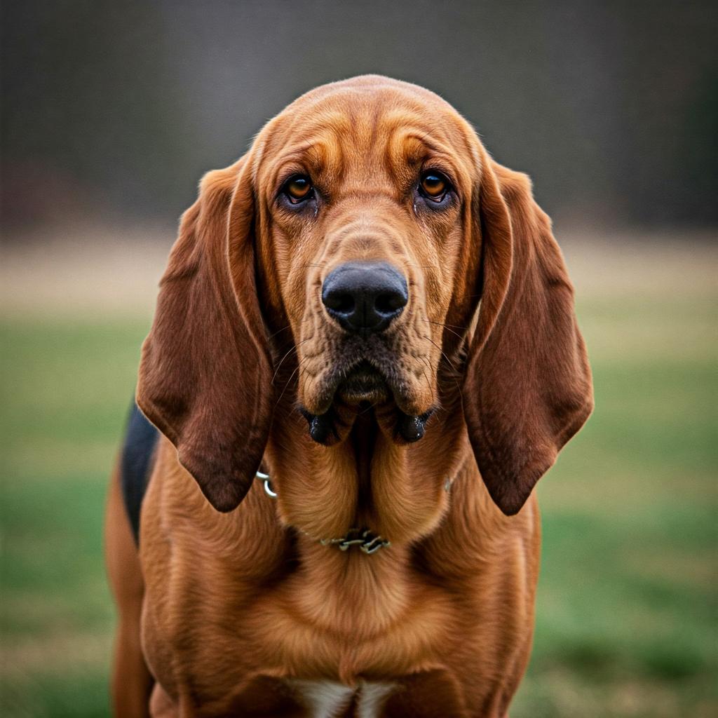 A noble Bloodhound, with its characteristic wrinkles and long, drooping ears, showcases its gentle nature and exceptional olfactory ability.