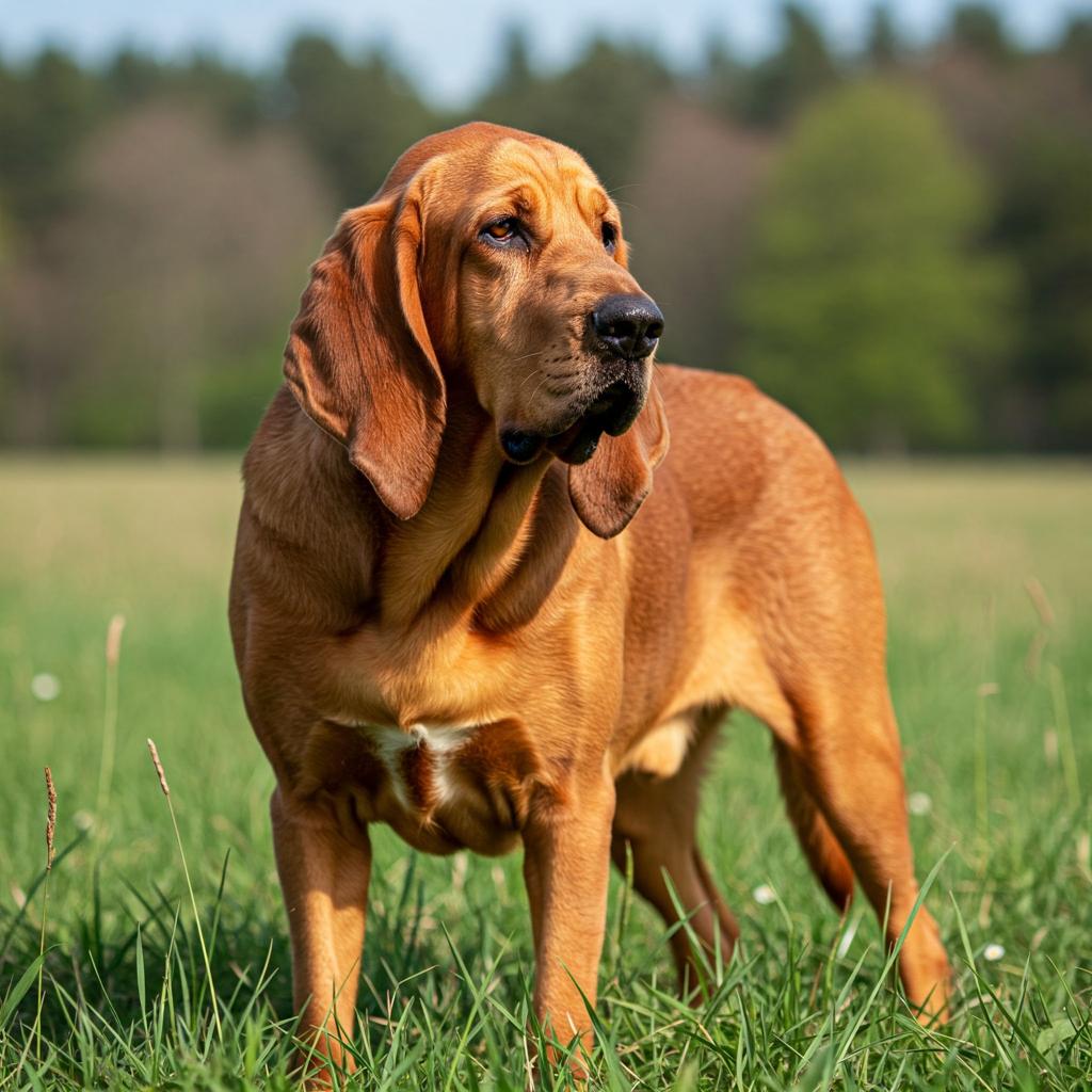 In a natural setting, a Bloodhound stands with dignity, highlighting its powerful build and attentive gaze.