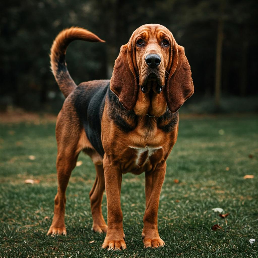 With its rich coat and deep eyes, this Bloodhound exemplifies the breed in its purest form, with an expression of calm and determination.