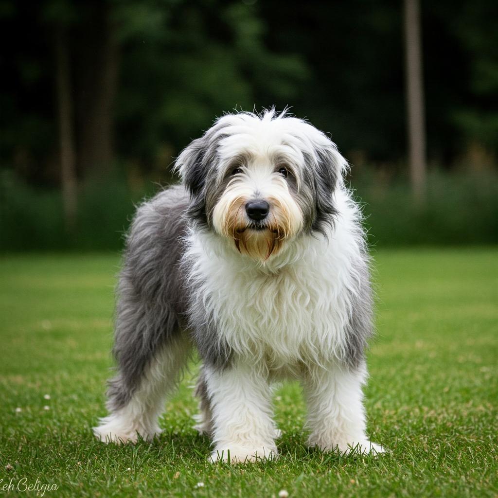A fluffy Old English Sheepdog (Bobtail) stands proudly, showcasing its iconic shaggy coat and gentle expression.