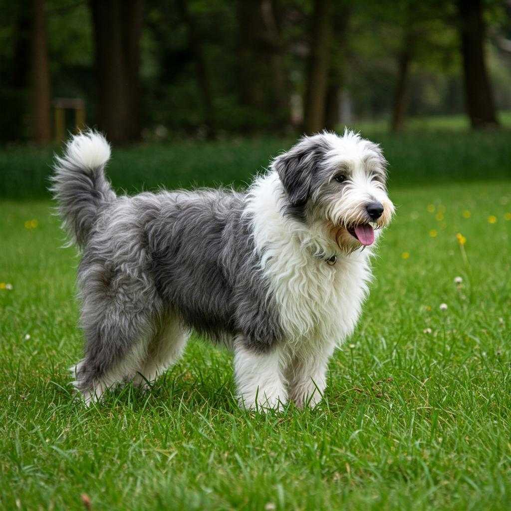 Captured in a serene moment, a Bobtail displays its calm and friendly demeanor in a lush, green setting.