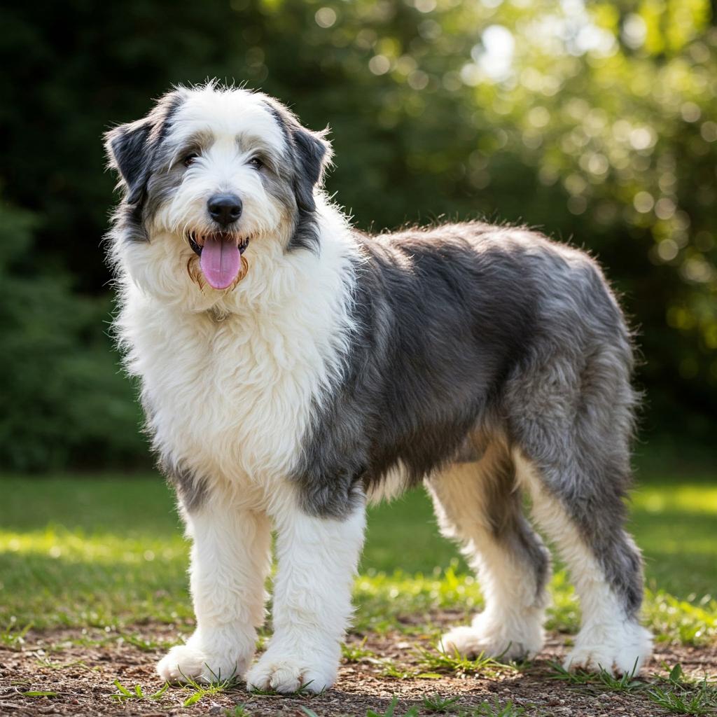 A healthy and well-proportioned Old English Sheepdog, with a glossy coat and a strong build, reflects the breed's vitality.