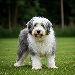 A fluffy Old English Sheepdog (Bobtail) stands proudly, showcasing its iconic shaggy coat and gentle expression.