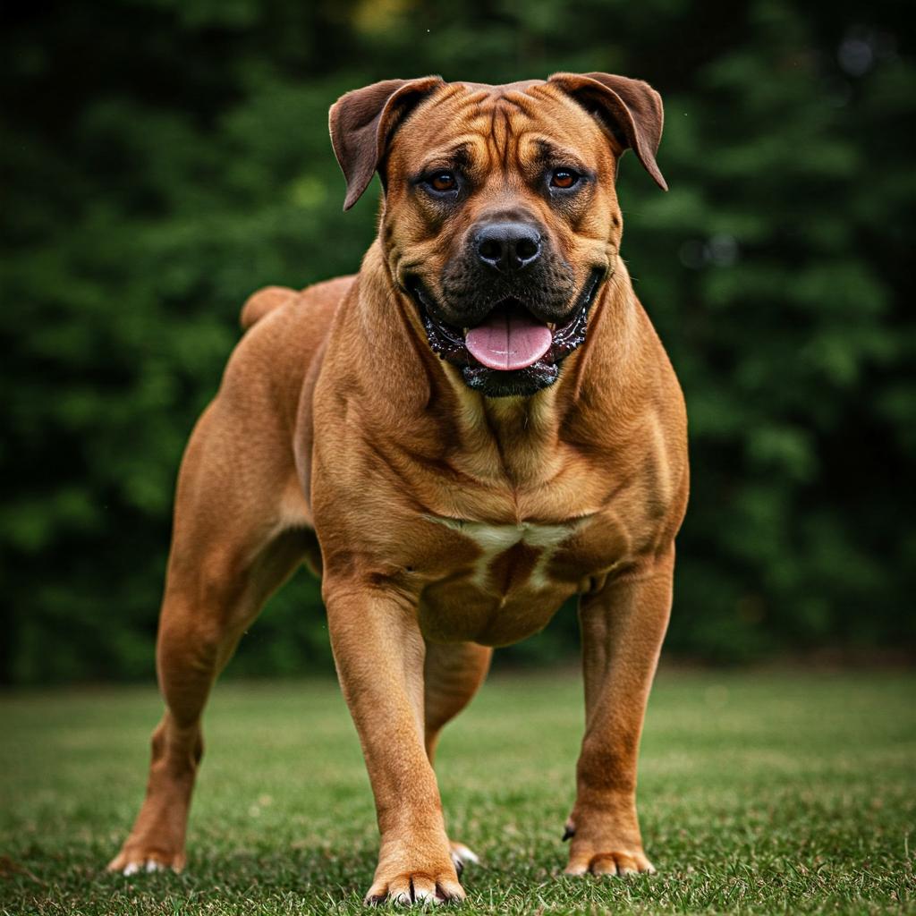 A powerfully built Boerboel, showcasing its muscular physique and alert expression.