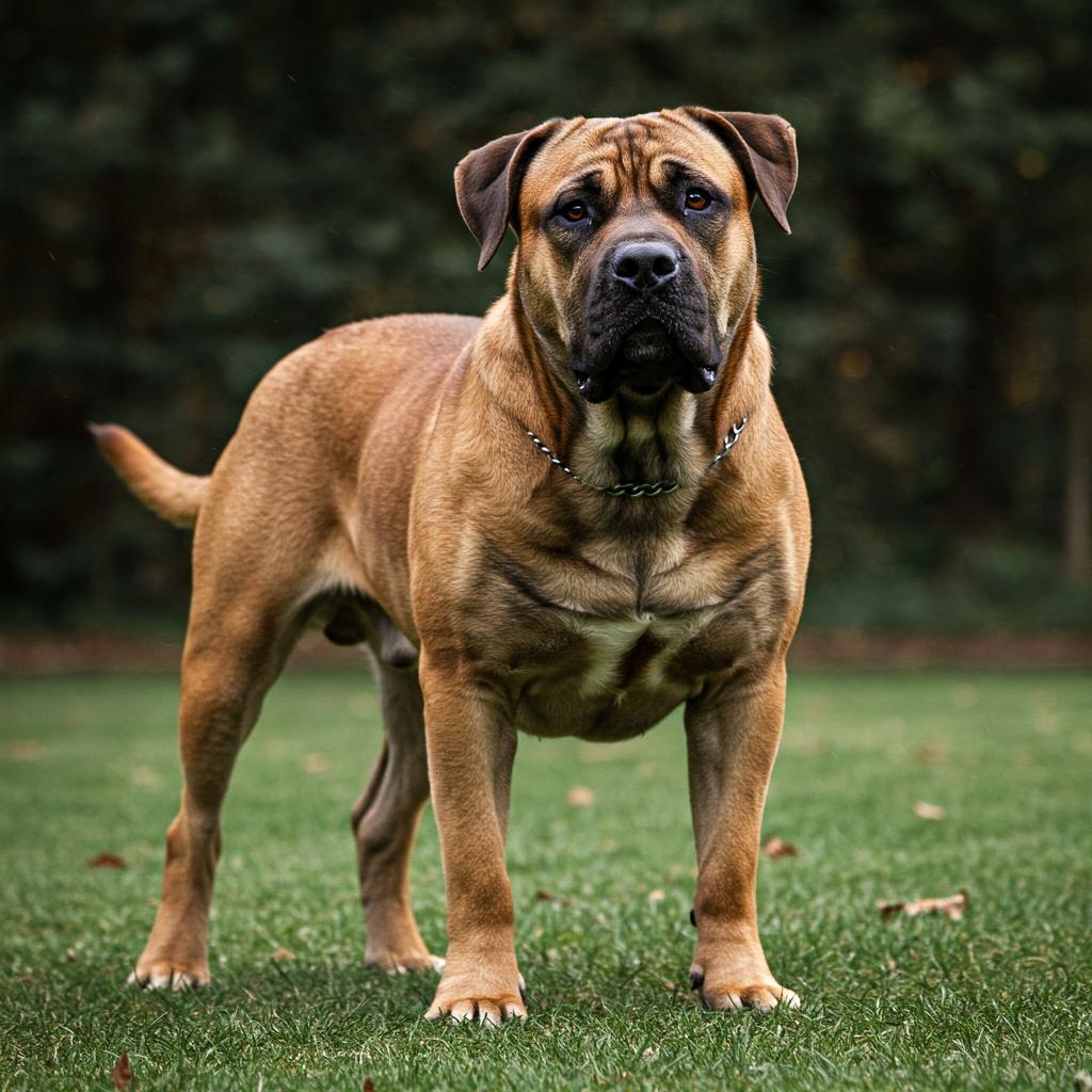Highlighting the Boerboel's imposing presence and strong physical traits in a natural setting.