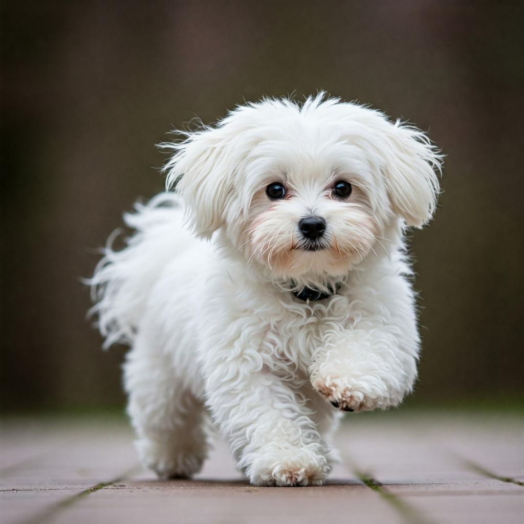 A fluffy white Bolognese dog strikes a playful pose, showcasing its endearing expression and compact build.