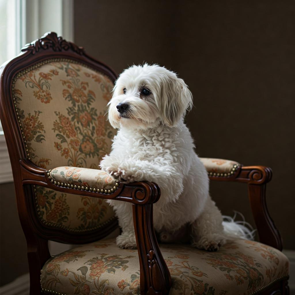 A regal Bolognese sits gracefully, its soft, white coat contrasting with the ornate vintage chair.