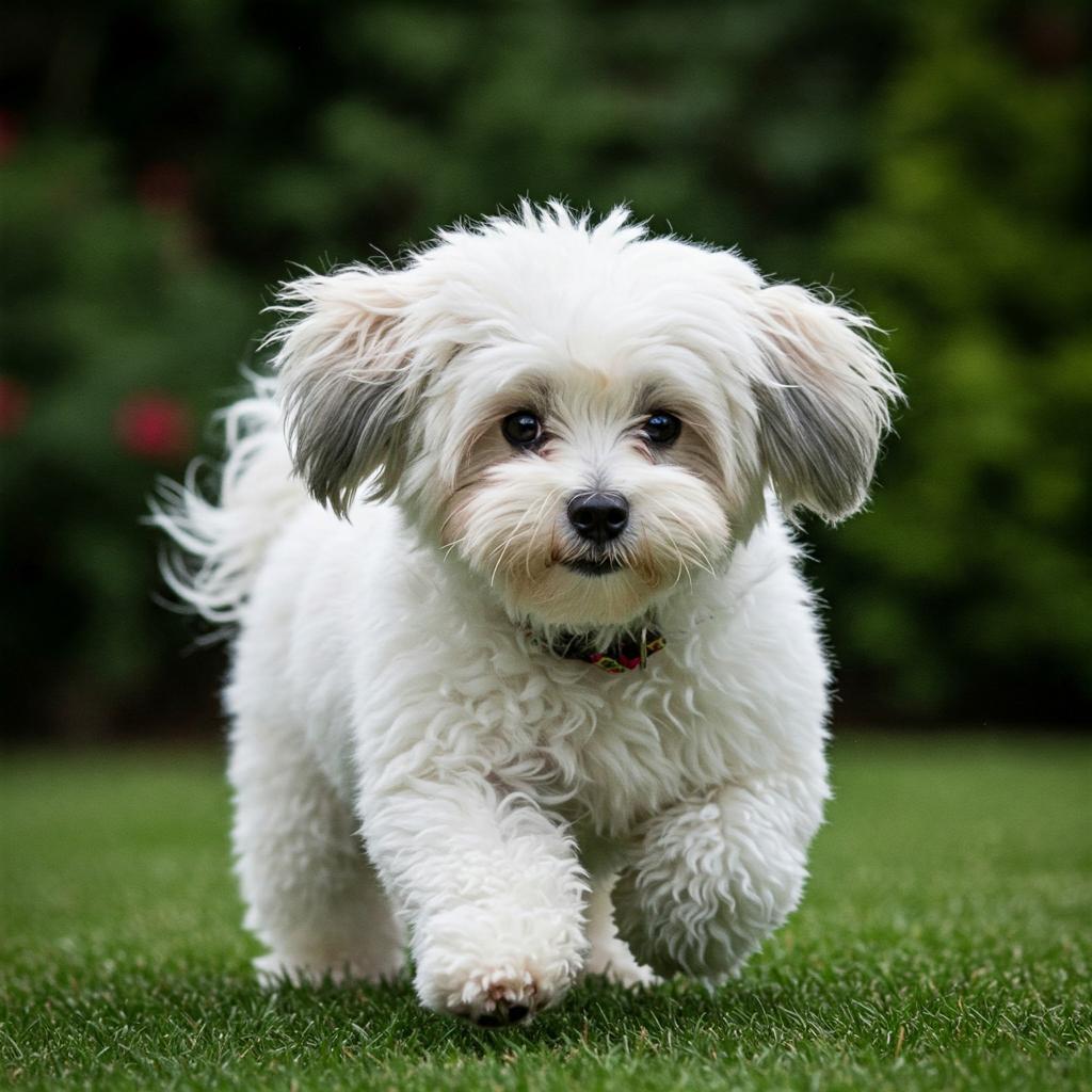 Captured mid-action, a Bolognese dog's flowing white fur and expressive eyes create a sense of movement and joy.