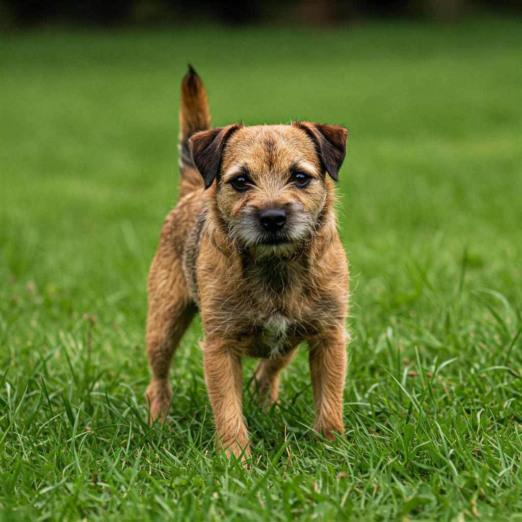 A lively Border Terrier stands alert in a grassy field, embodying its energetic and confident personality.