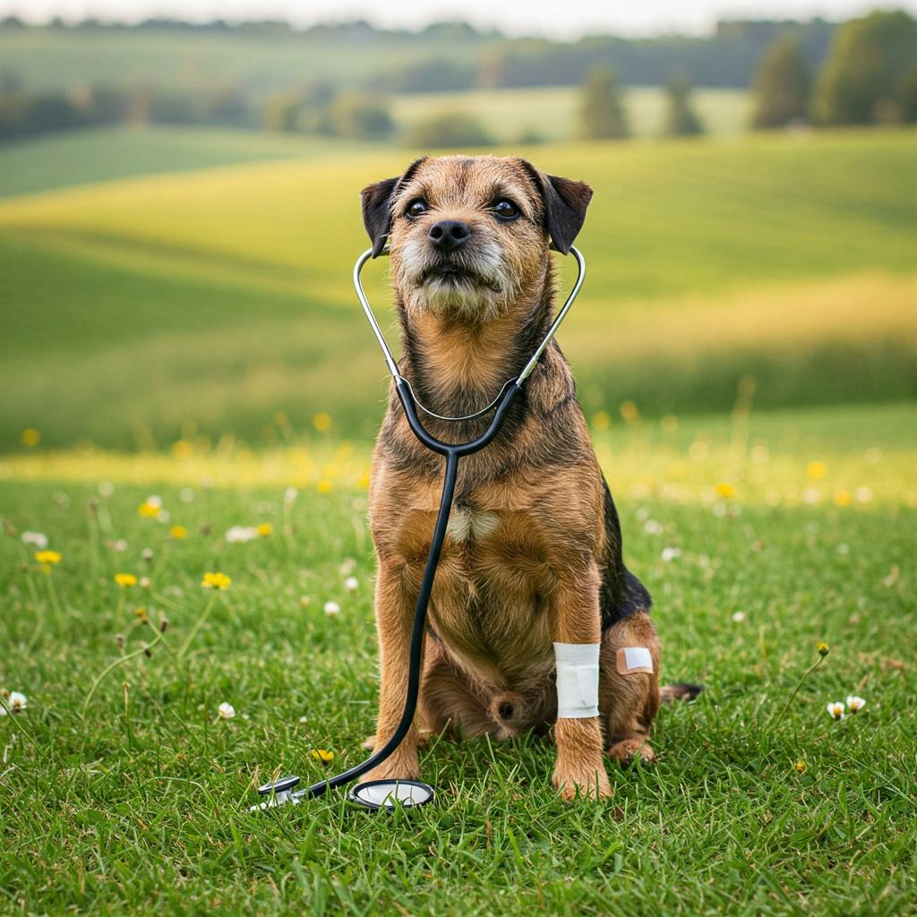 A healthy Border Terrier sits calmly outdoors with a stethoscope draped around its neck and a small bandage on its leg, symbolizing veterinary care.