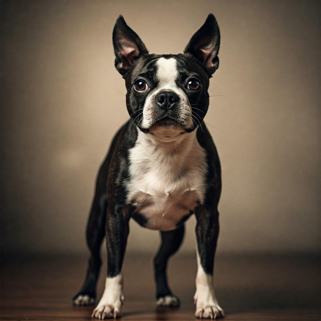 A Boston Terrier with its characteristic tuxedo-like markings stands proudly, showcasing its unique features.