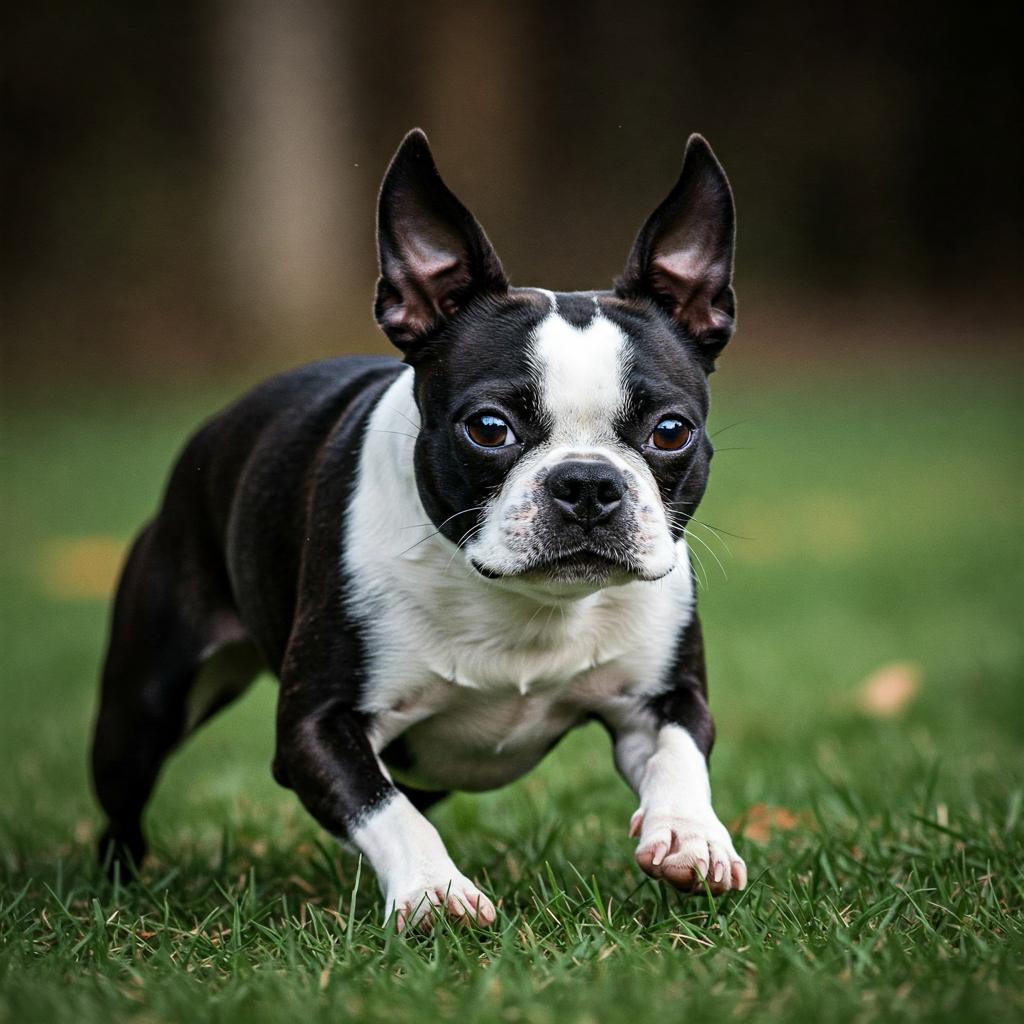 A Boston Terrier with a sleek black and white coat runs dynamically across a green lawn, highlighting its energetic build.
