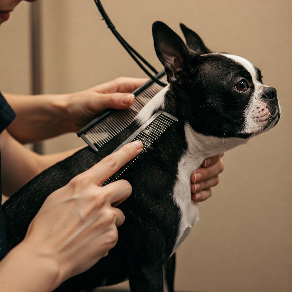 A small black and white Boston Terrier stands patiently on a grooming table while a groomer gently trims its facial fur. The dog wears a blue grooming harness and looks relaxed, with its ears perked and eyes half-closed. A pair of scissors and a brush are visible nearby, along with a towel draped over the edge of the table.