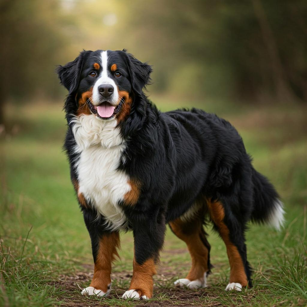 A Bernese Mountain Dog, captured in a serene landscape, displays its characteristic features with elegance.
