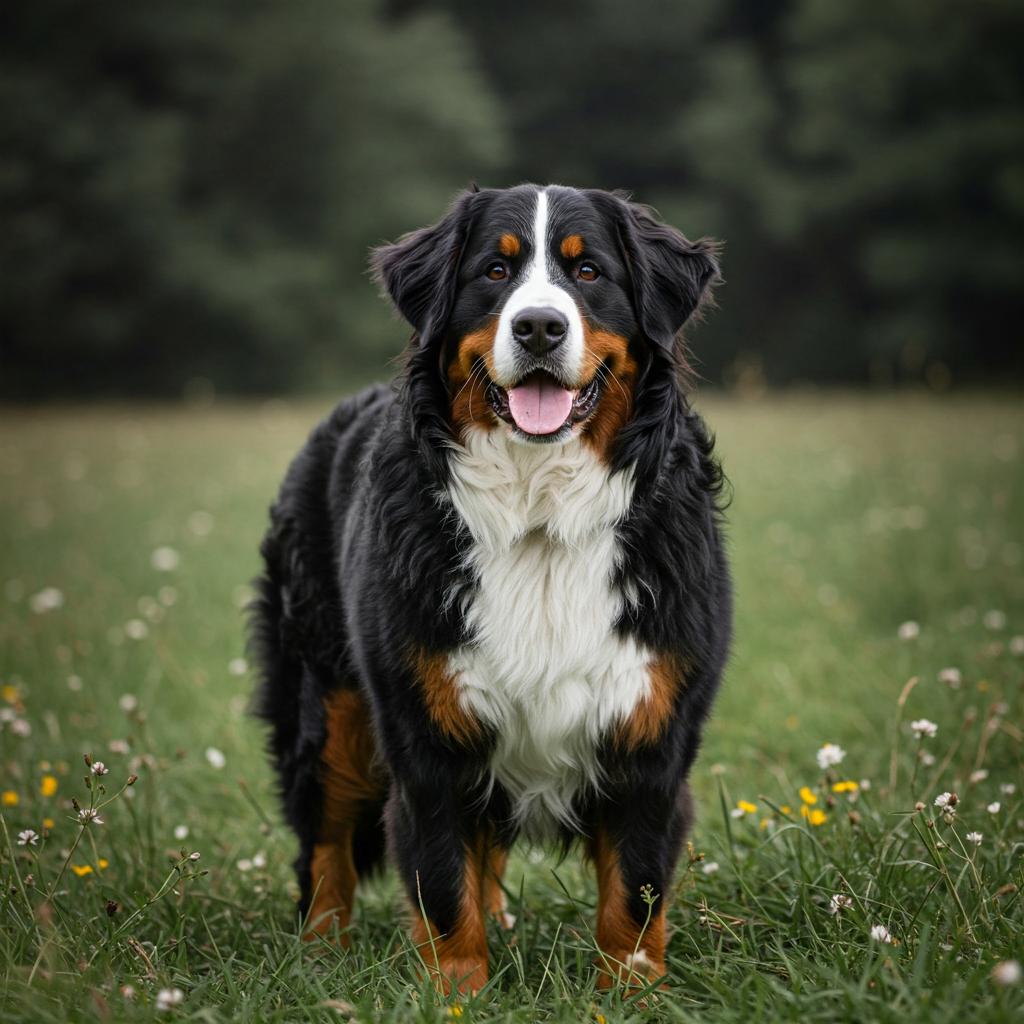 A majestic Bernese Mountain Dog, its long, tri-colored coat gleaming in the soft, natural light, stands in a field of wildflowers.