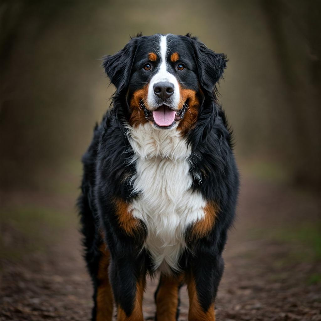 A majestic Bernese Mountain Dog, a large and sturdy breed, is captured in a candid, full-body portrait against a blurred natural backdrop.