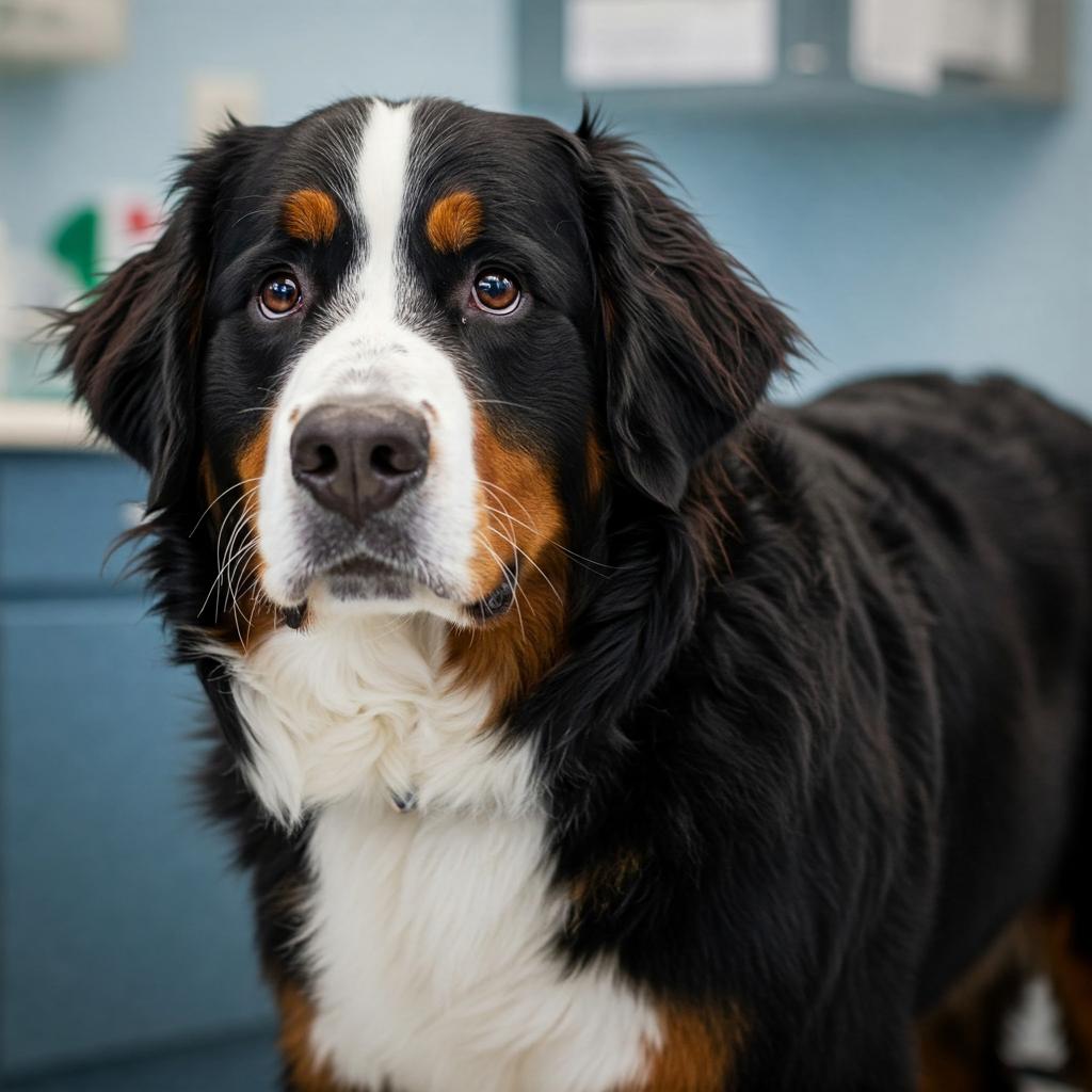 A Bernese Mountain Dog, with its characteristic tri-color coat, stands in a gentle, comforting pose