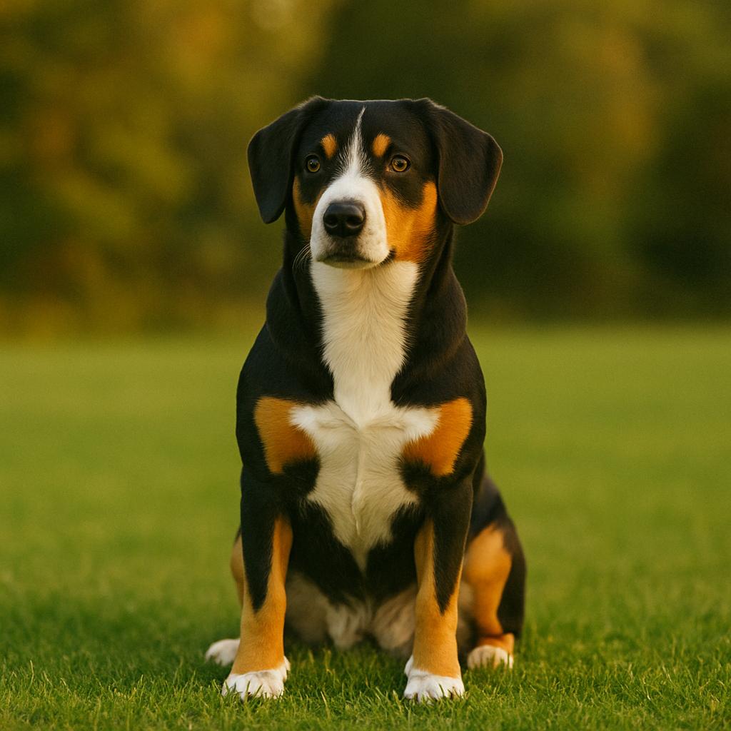 A sturdy alpine herder sits square on a sun-washed field, its tricolor pelt crisp against soft blur; eyes forward, limbs braced, as warm tones trace its quiet symmetry.