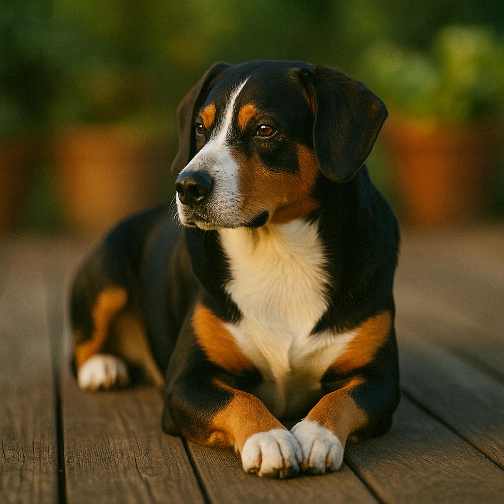A tricolored alpine sentinel rests upon aged timber, gaze cast to the side beneath amber glow; its sleek coat ripples in repose as leafy shapes blur softly behind.