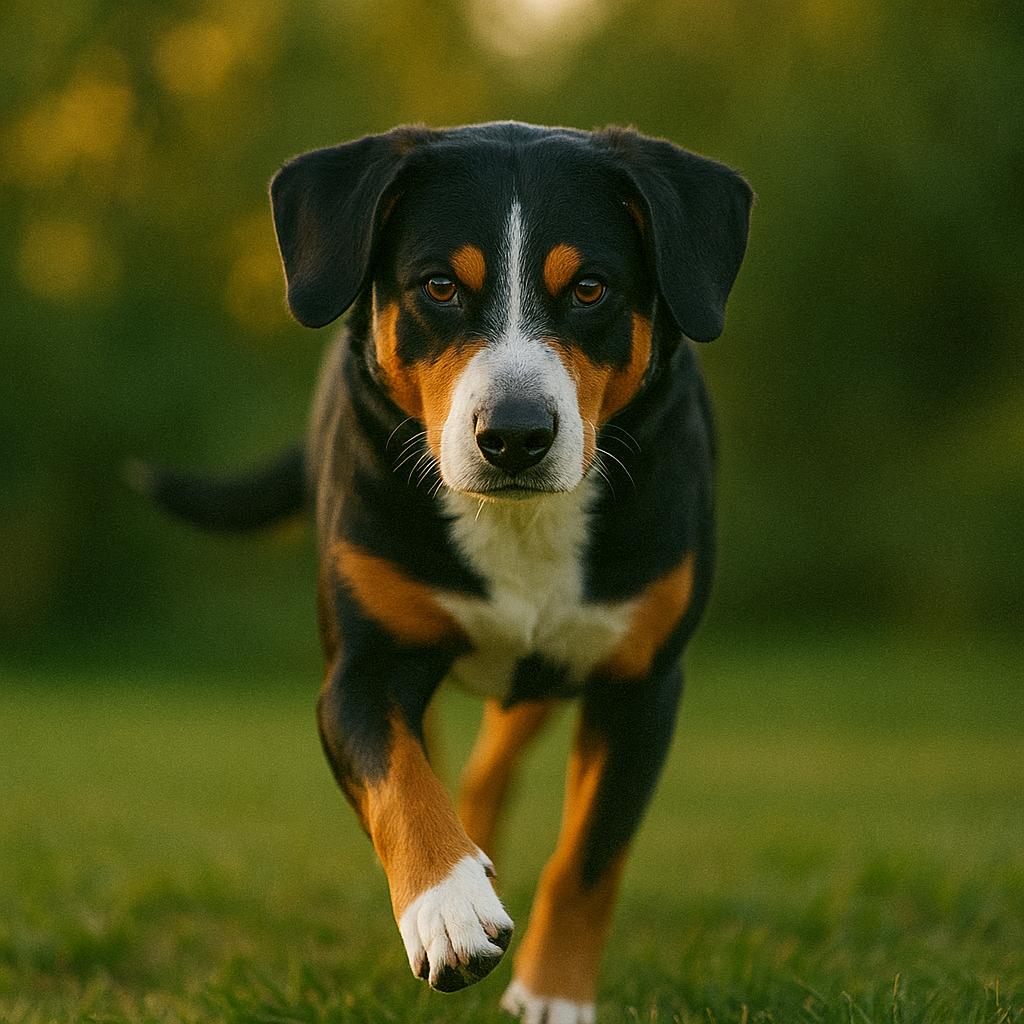 A tri-marked mountain herder advances with intent, paws rising over sunlit turf; amber eyes pierce ahead as forest tones soften behind its steady pace.