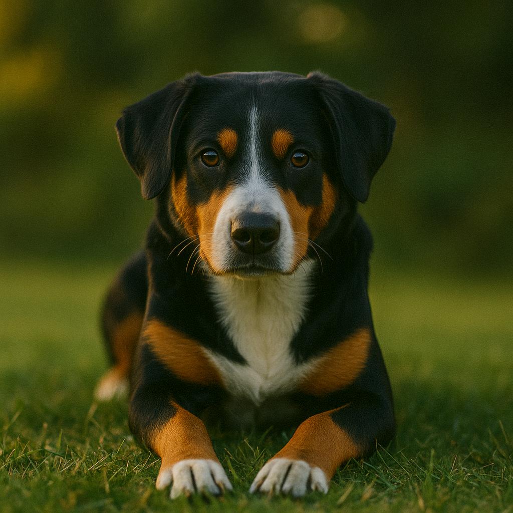 A broad-chested alpine canine reclines low in golden grass, eyes level and steady beneath soft shadow; its tri-hued coat gleams gently while evening hush envelops the distant green.