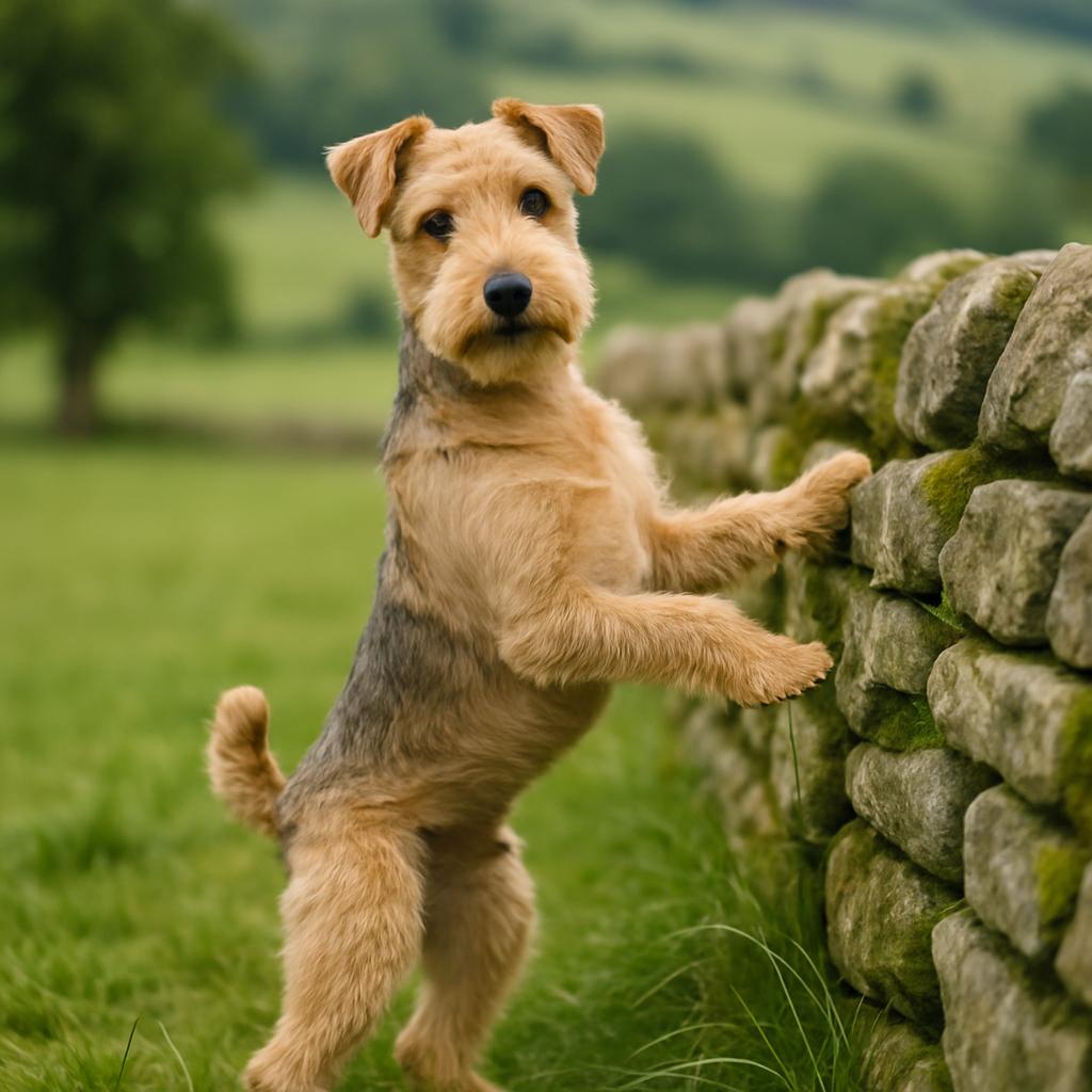 Curious Lakeland Terrier at wall