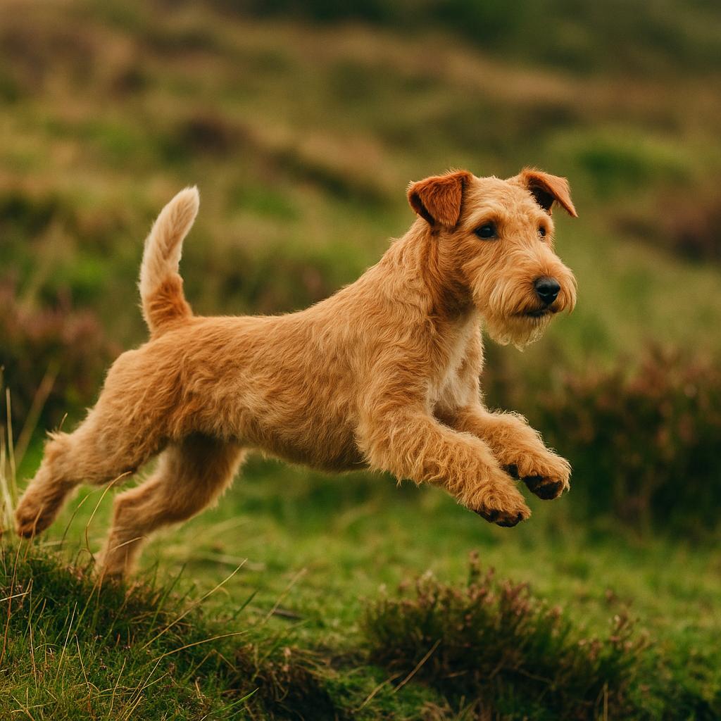 Lakeland Terrier leaping across moor.