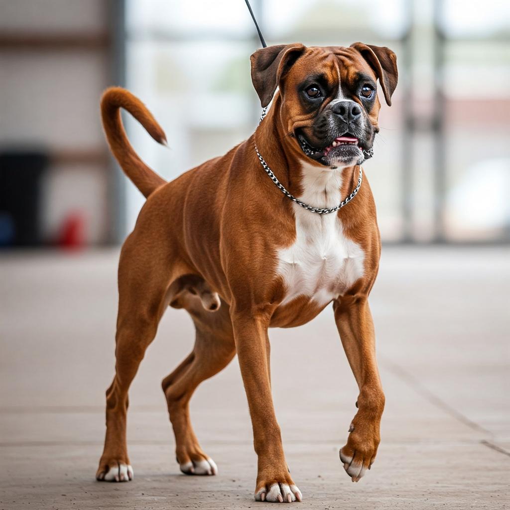 A Boxer dog with a muscular build and alert expression stands dynamically, showcasing its athletic physique.