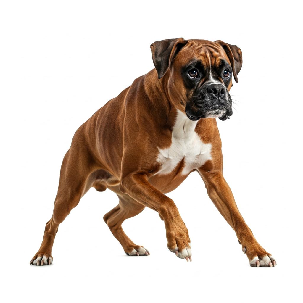 A powerful Boxer, captured mid-movement against a plain white background, emphasizes its strength and agility.