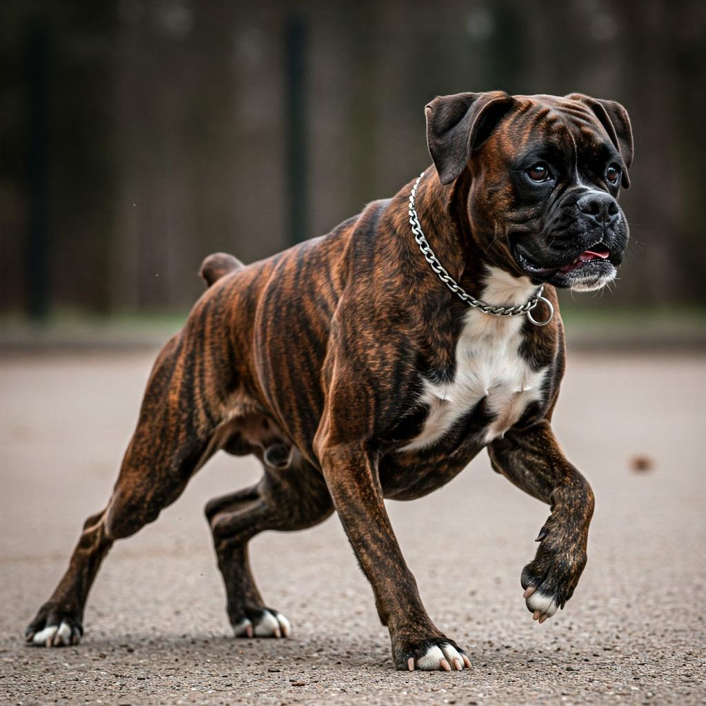A brindle Boxer with a shiny coat poses dynamically, highlighting its striking markings and muscular form.