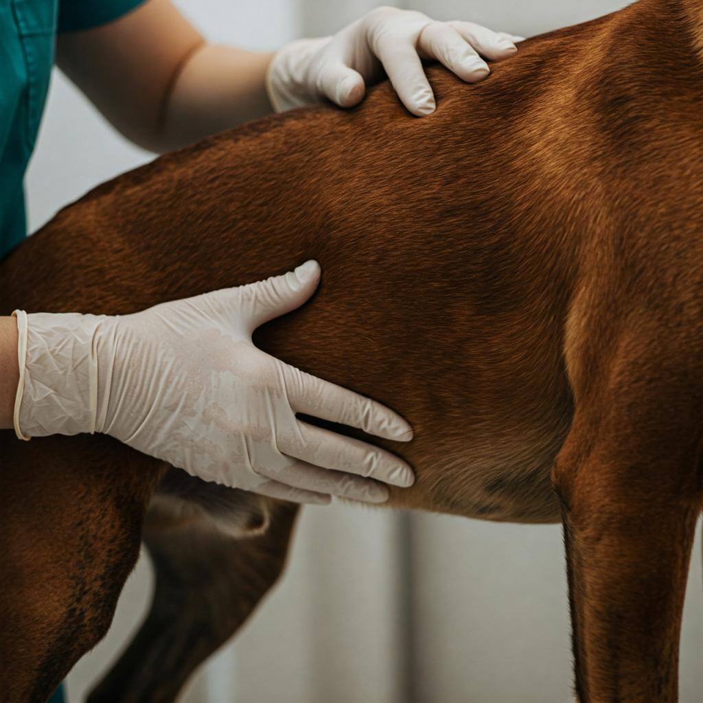 Close-up of gloved hands examining the coat of a Boxer dog, illustrating veterinary care and attention to its health.