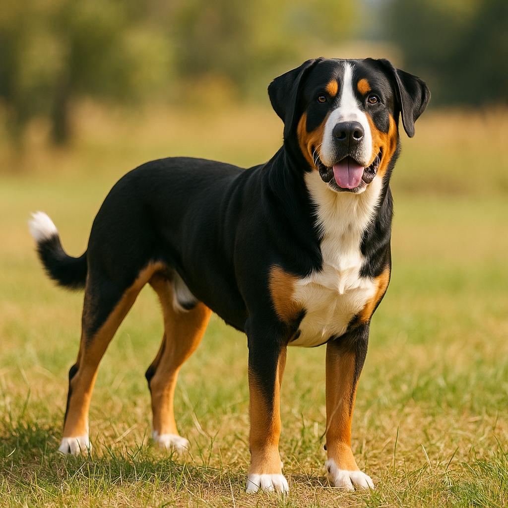 Tricolor mountain dog standing proudly in sunlit pasture.