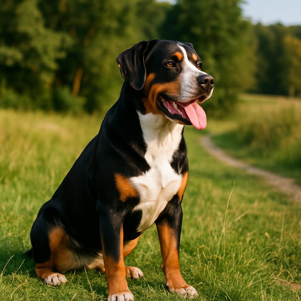 Tricolor mountain dog standing proudly in sunlit pasture.
