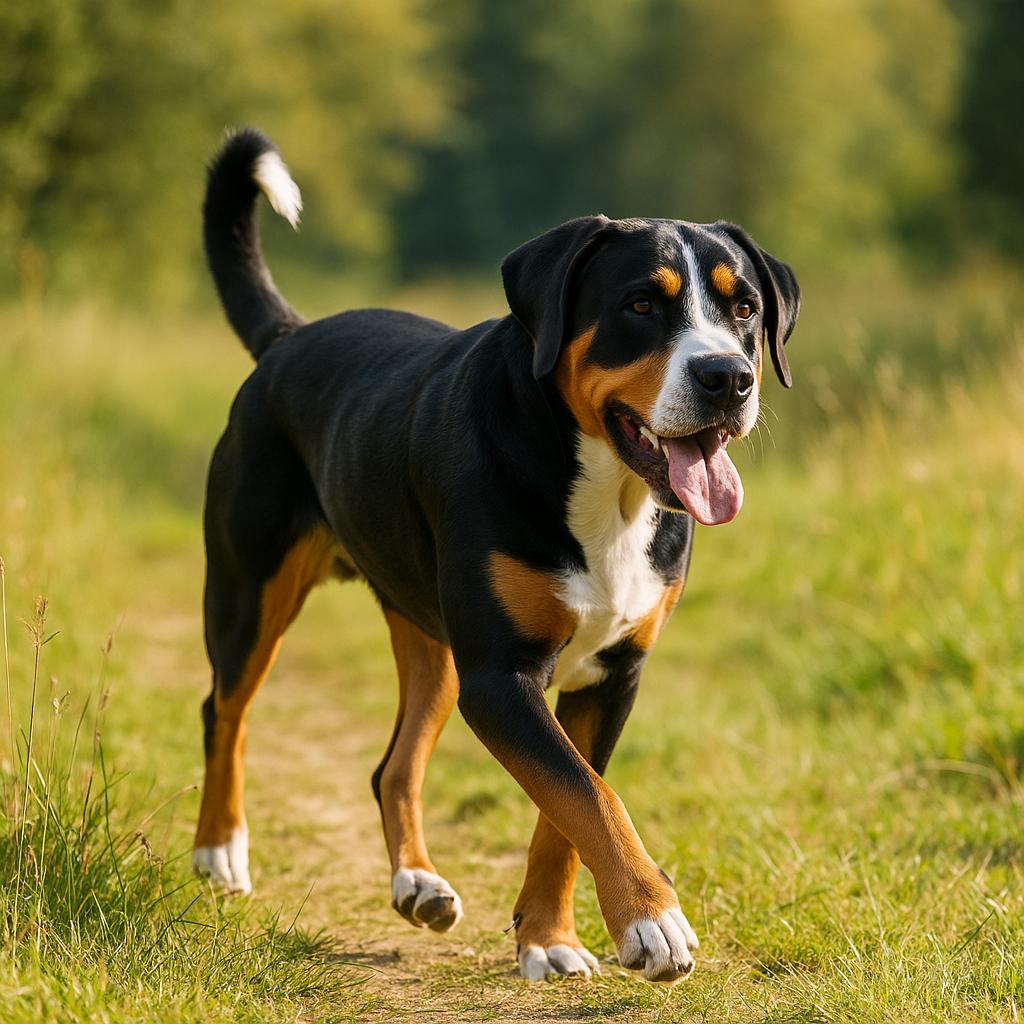 Tricolor Swiss dog striding cheerfully through sunlit grass path.