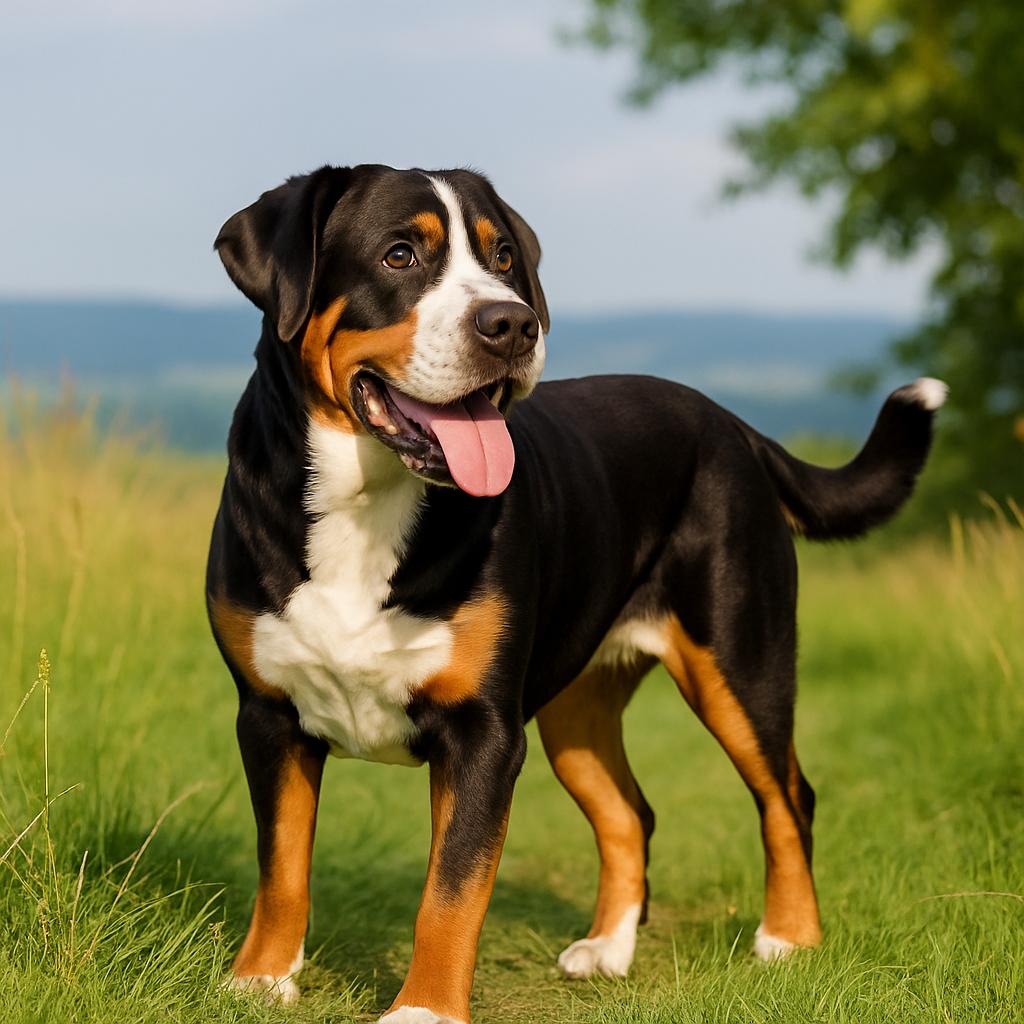Tricolor Swiss dog gazing alertly over sunlit hillside.