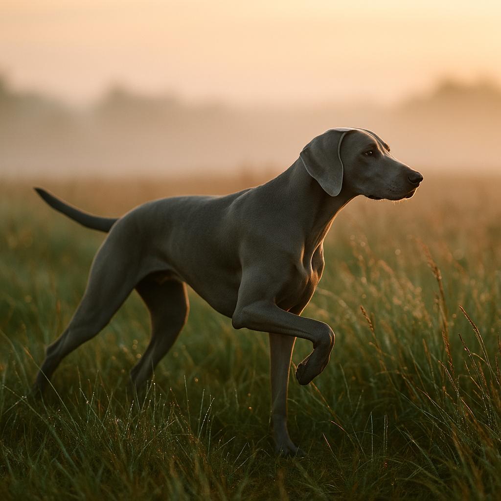 Weimaraner glints through mist