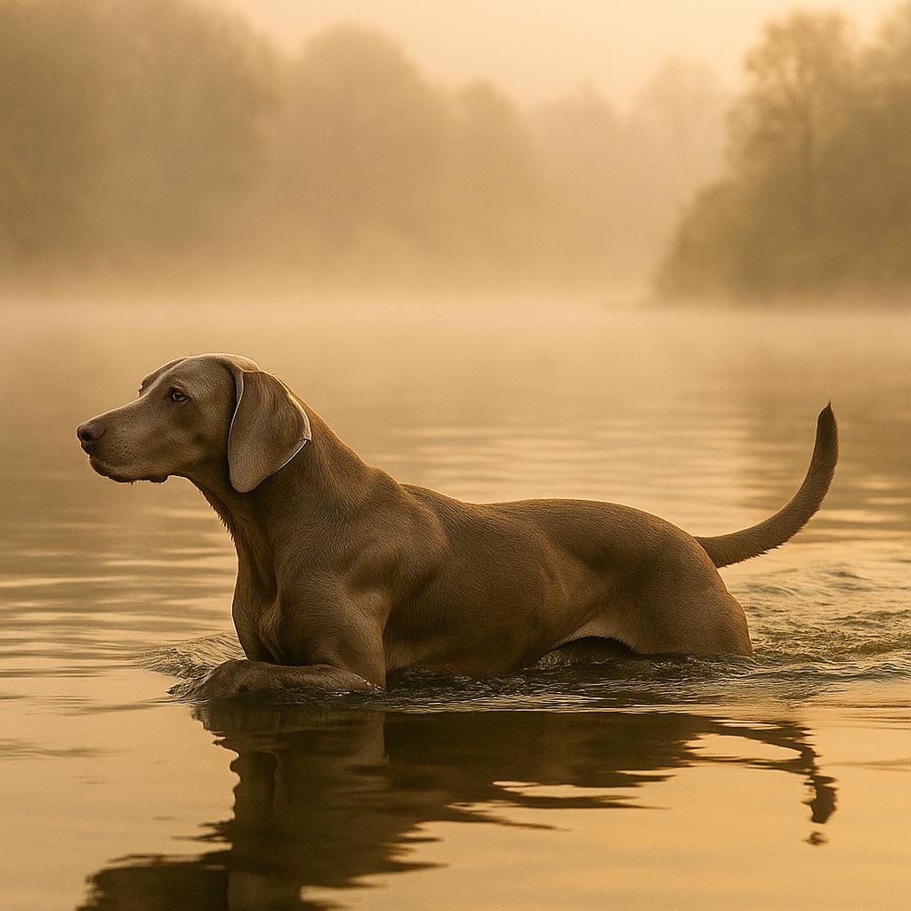 Weimaraner dances through silent dawn