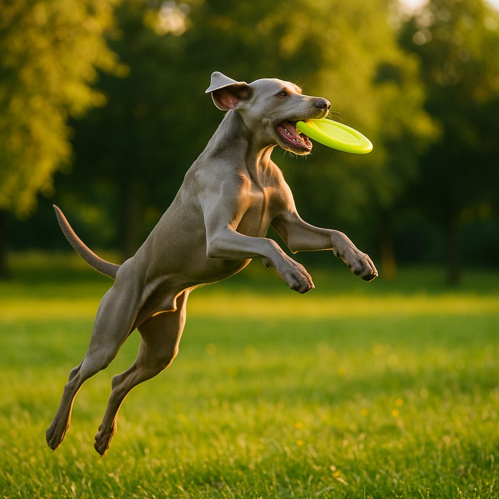 Weimaraner leaps for yellow disc