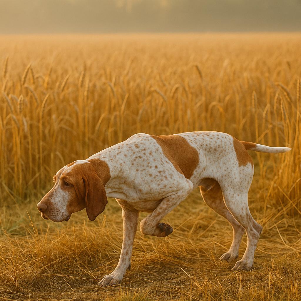 Italian Pointer stands alert in a golden wheat field at dawn.