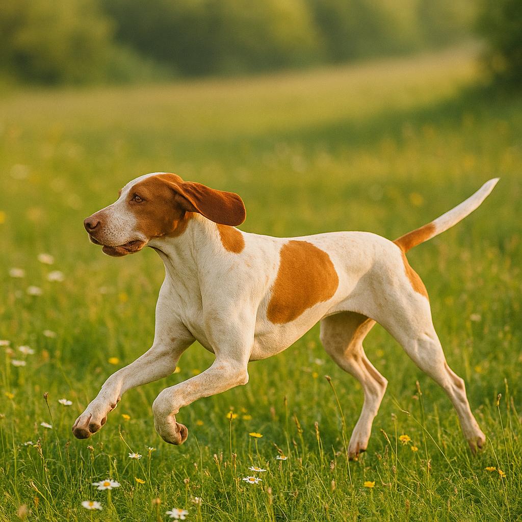 Italian Pointer dashes across a wildflower meadow at sunset.