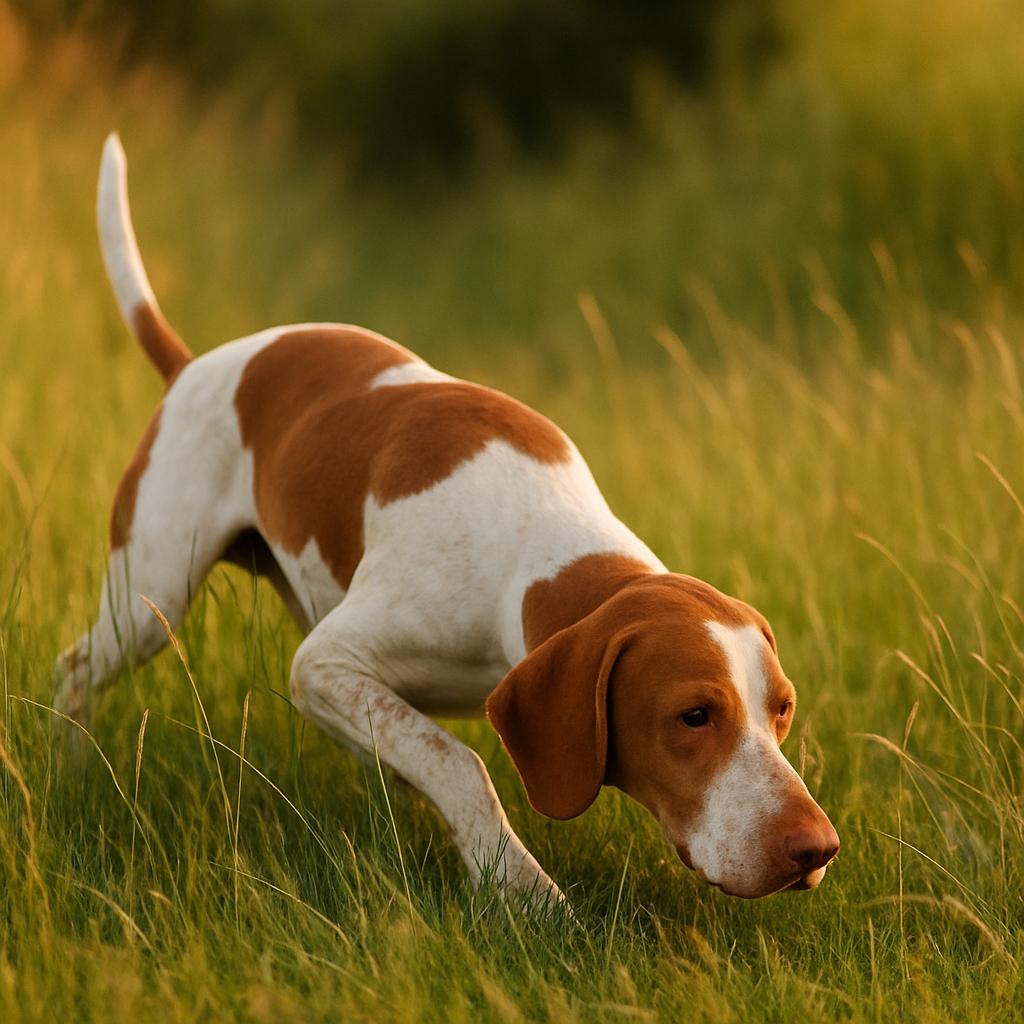 Italian Pointer crouches in tall grass on scent.