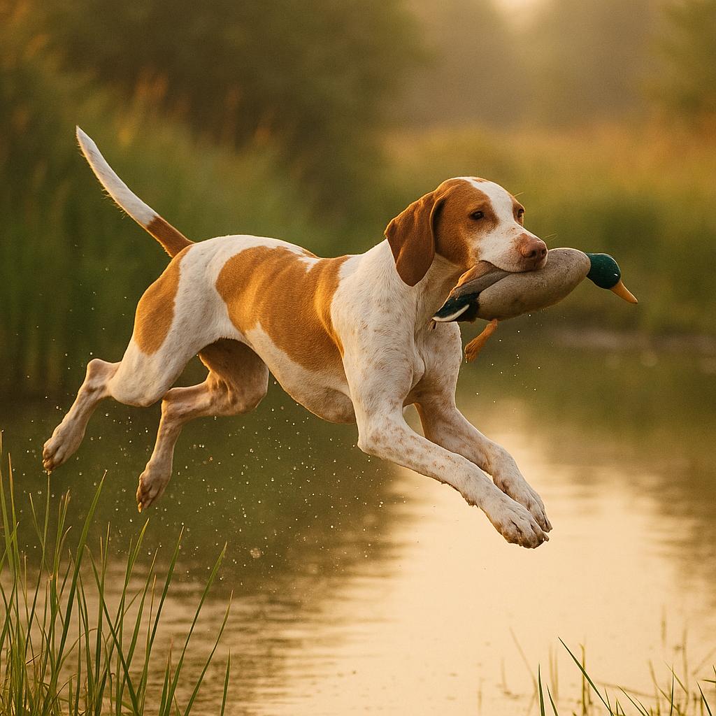 Italian Pointer retrieves a dummy over a pond.