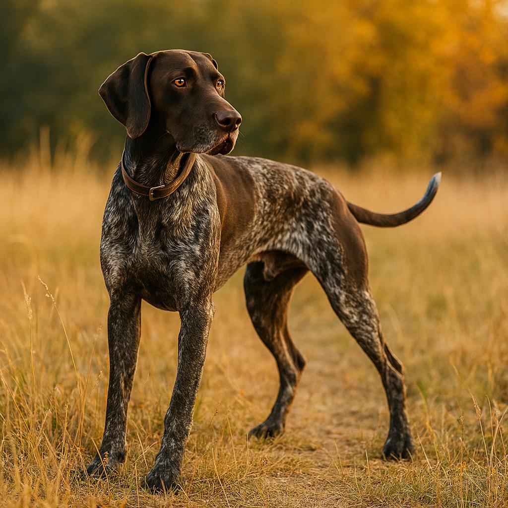 Sharp-eyed pointer standing still in golden grassland.