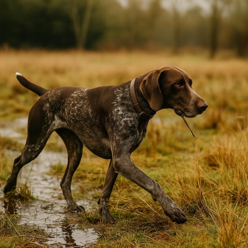 Pointer stepping through wet grass with stick in mouth.