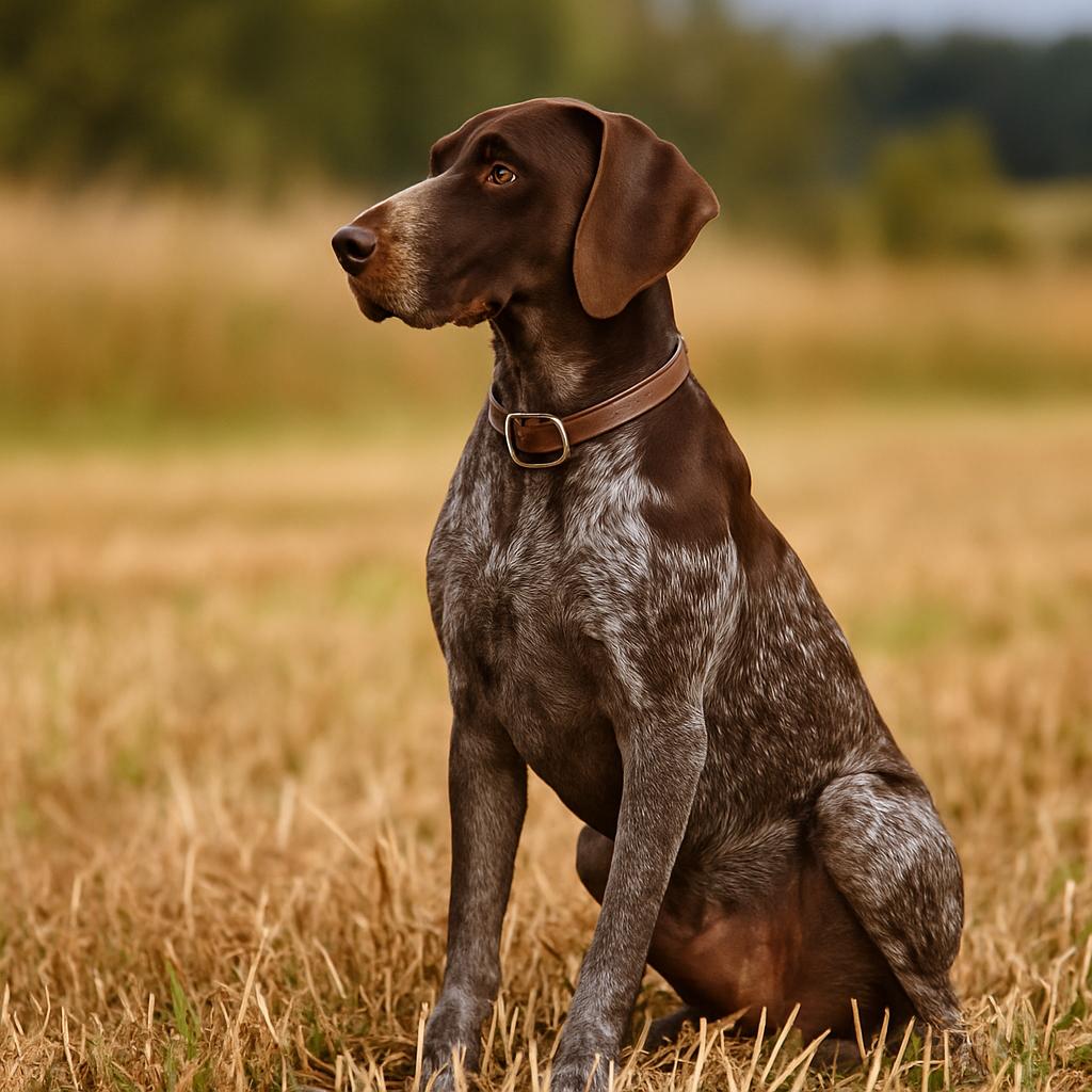 Steady pointer seated upright in golden stubble field.