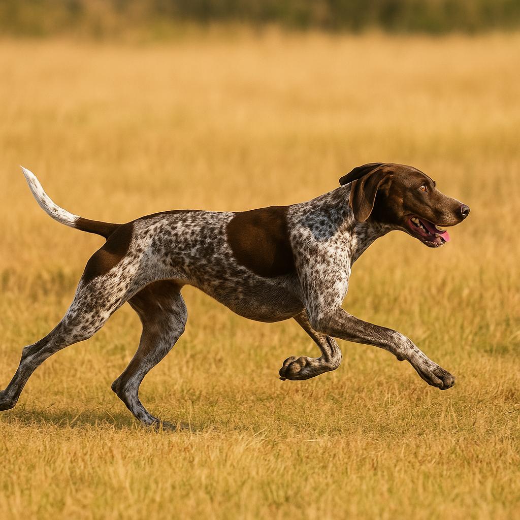 Swift liver-and-white tracker sprinting across golden meadow.