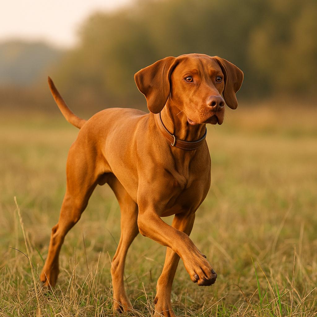 Russet-coated pointer trotting softly through golden grassland.