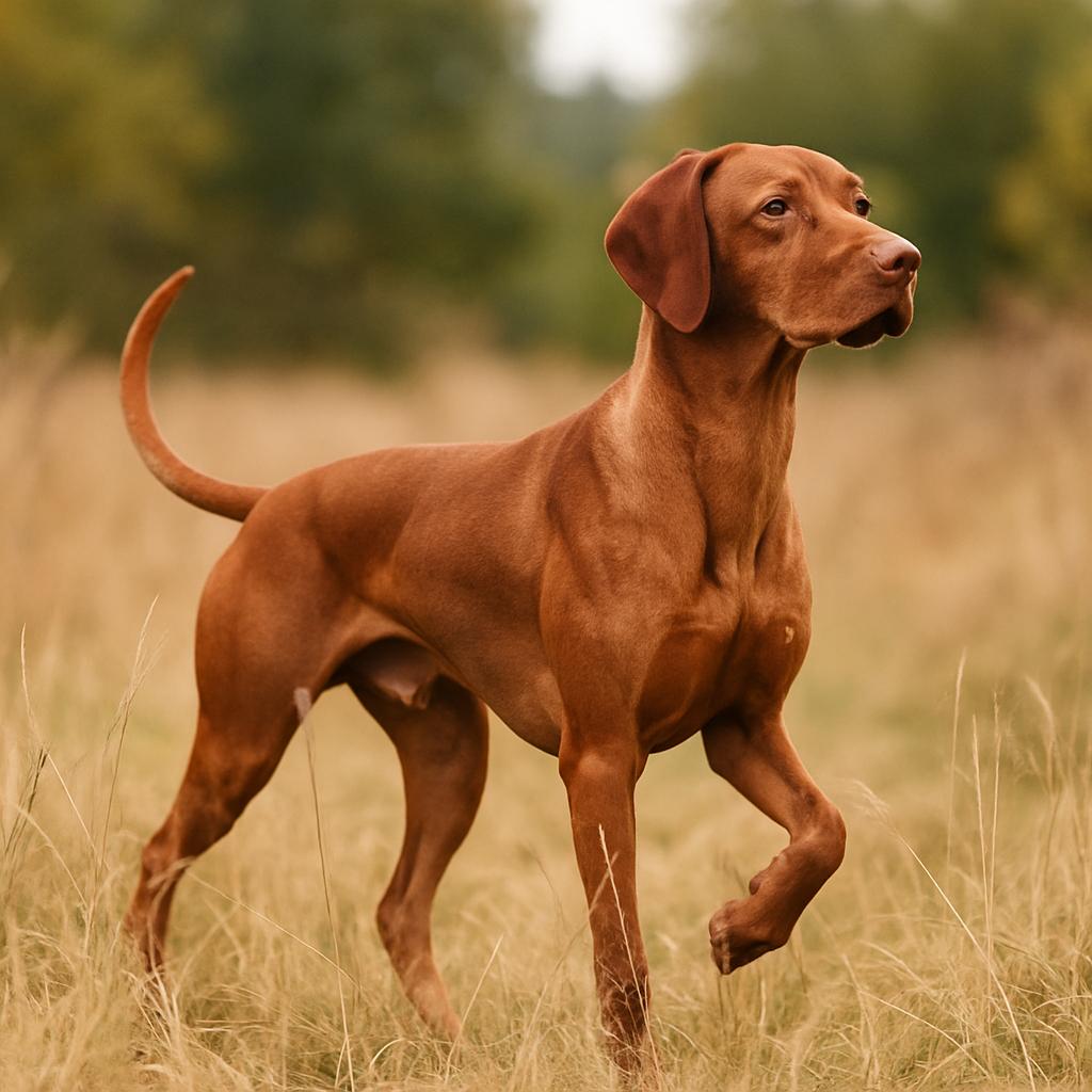 Alert russet Vizsla frozen in mid-point across golden field.