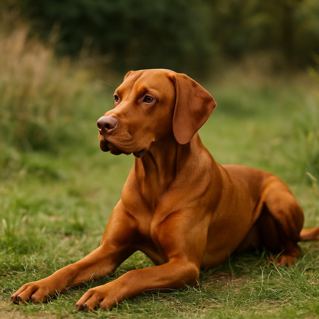 Rust-coated pointer lying calmly on green path at forest edge.