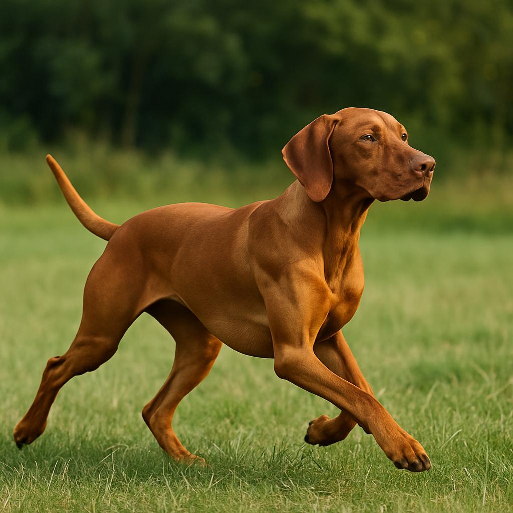 Rust-colored Vizsla trotting briskly through sunlit green field.